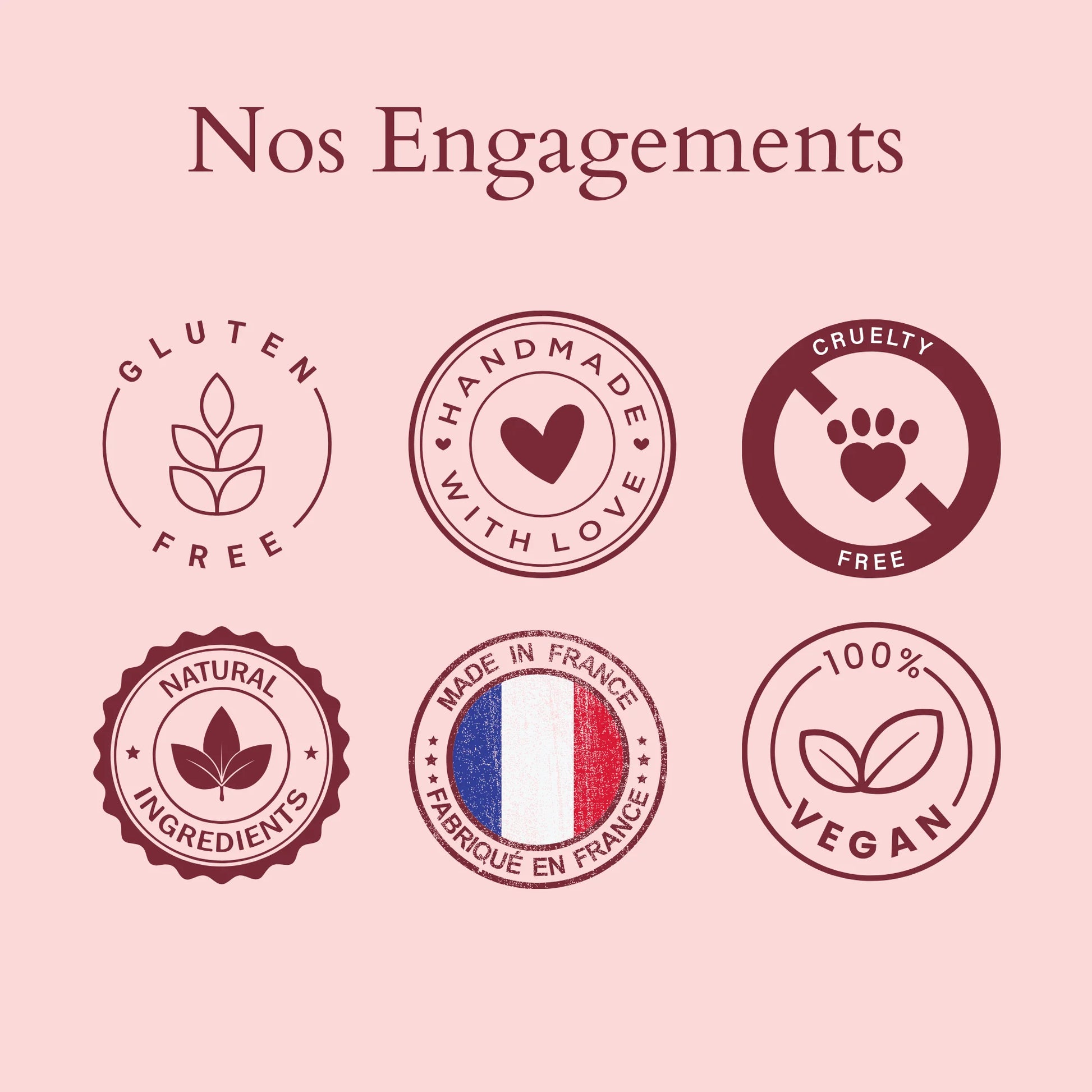 Visuel des engagements Quartz Boutique : fait main, végan, fabriqué en France, sans colorant artificiel.
