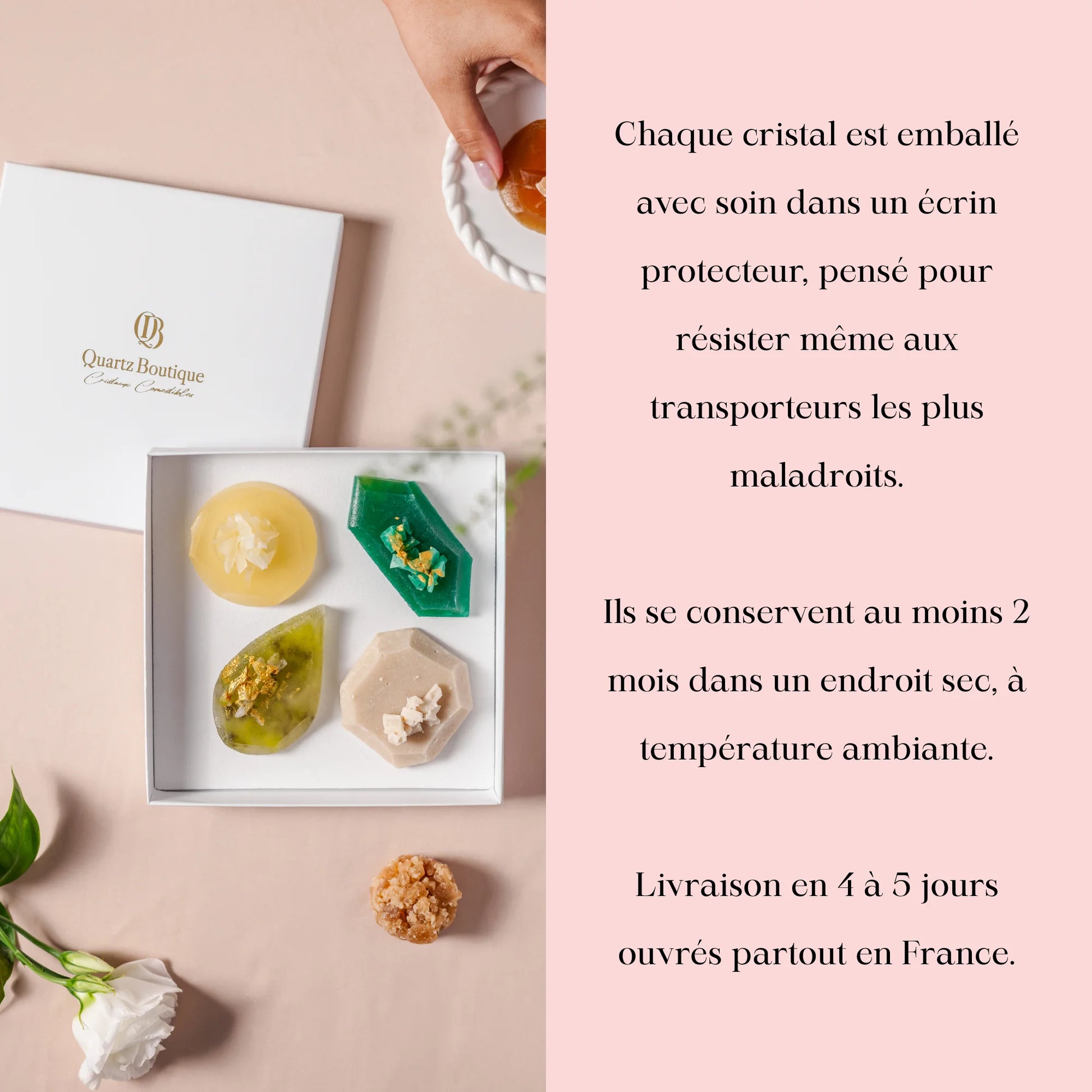 Présentation de coffrets colorés avec des cristaux et une main tenant un cristal, accompagnée de texte sur les moments de dégustation.