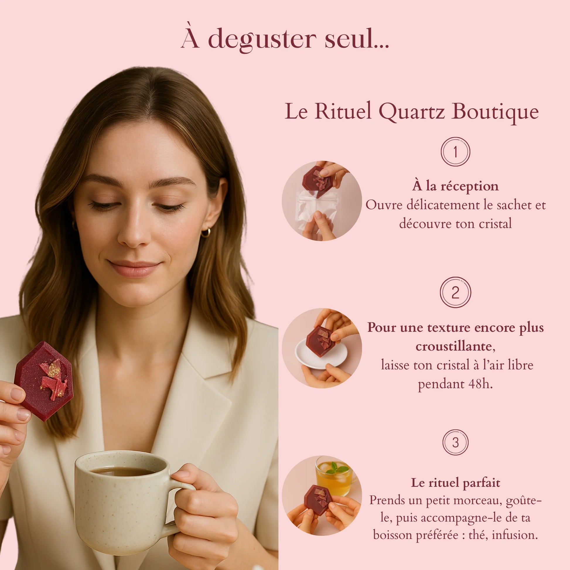 Femme savourant un cristal avec du texte listant les raisons de préférer Quartz Boutique : naturel, sans colorant, sans conservateur…