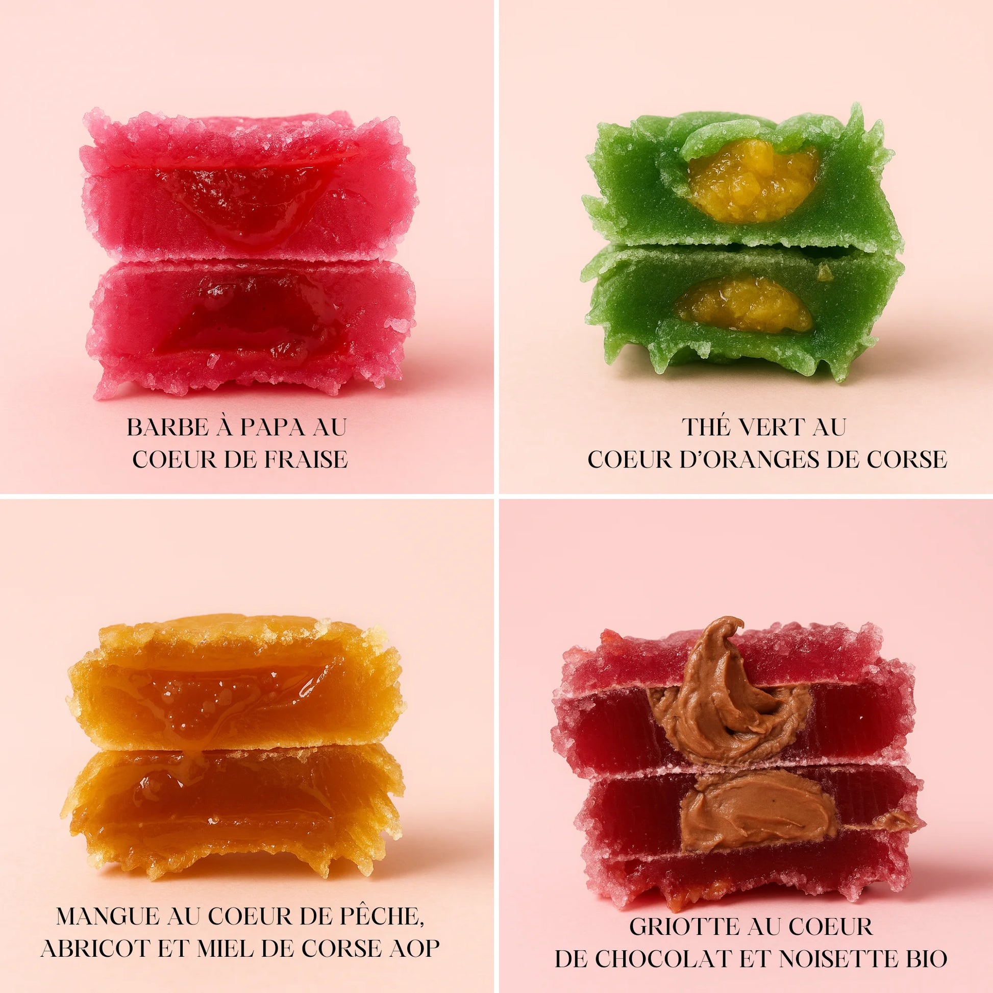 4 fleurs comestible en sucre avec un coeur de fraise, orange, chocolat et abricot
