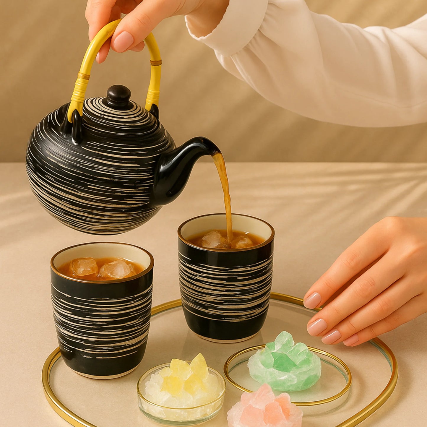 Ensemble théière et tasses – Élégance artisanale et gourmandise précieuse