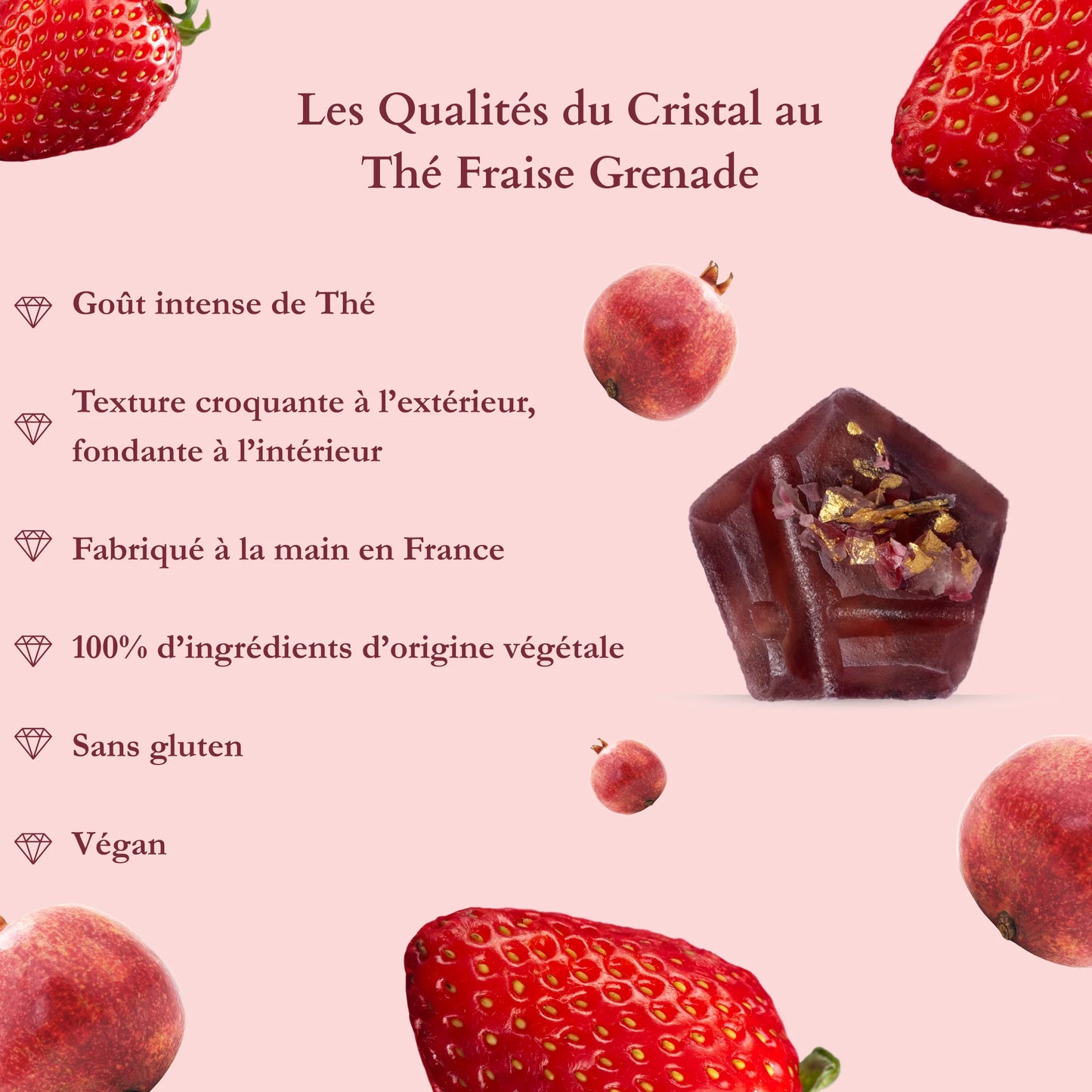 Edible crystal with strawberry/pomegranate tea