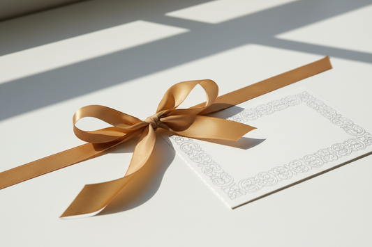 ruban doré et une carte de voeux